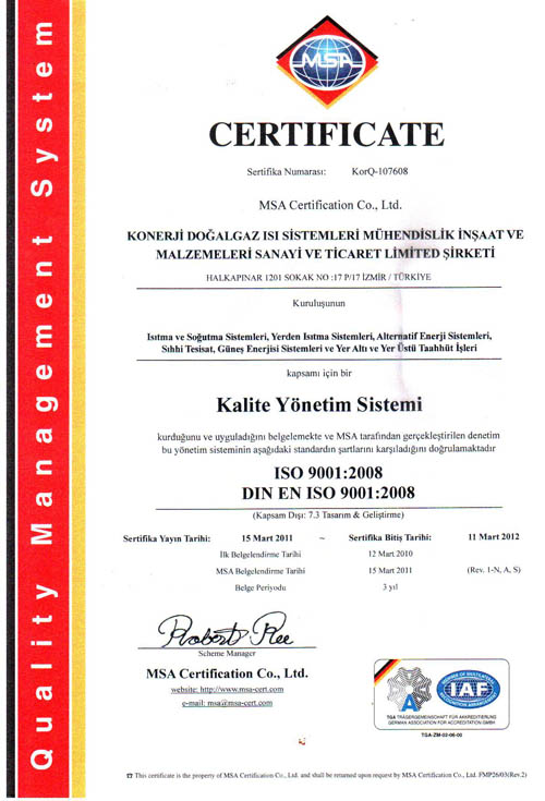 KONERJİ Mühendislik ISO 9001 Kalite Yönetim Sistemi